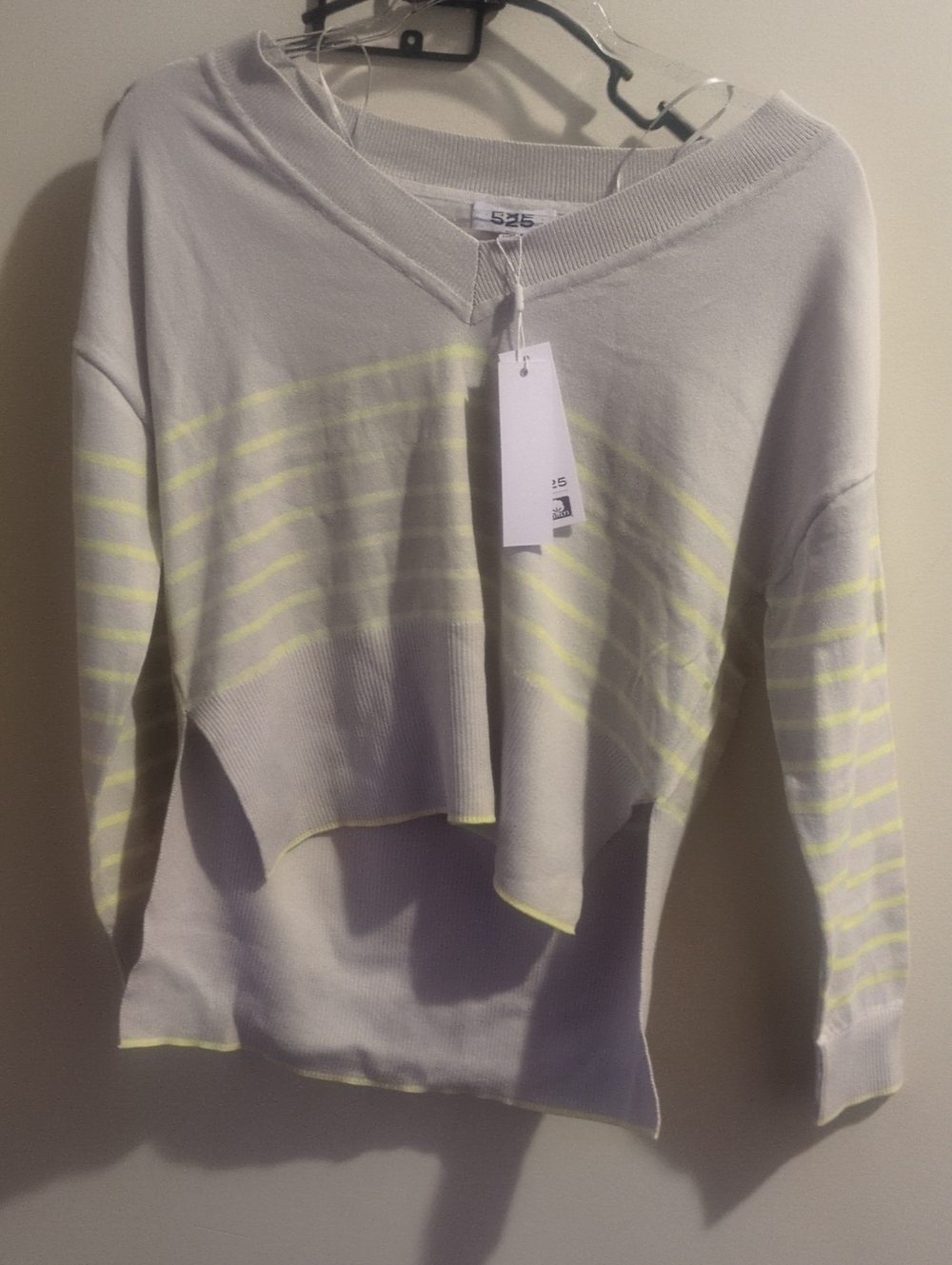 525 America Women's Light Gray Knit Long Sleeve Top with Neon Yellow Stripes
